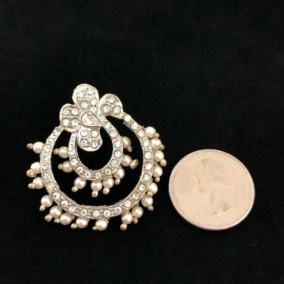 Silver Tone Pearl Crystal Bridal Earrings Bride - Picture 2 of 5